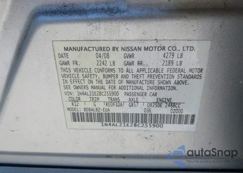 2008 Nissan Altima 2.5 S z USA, uszkodzony, nr VIN 1N4AL21E28C255900